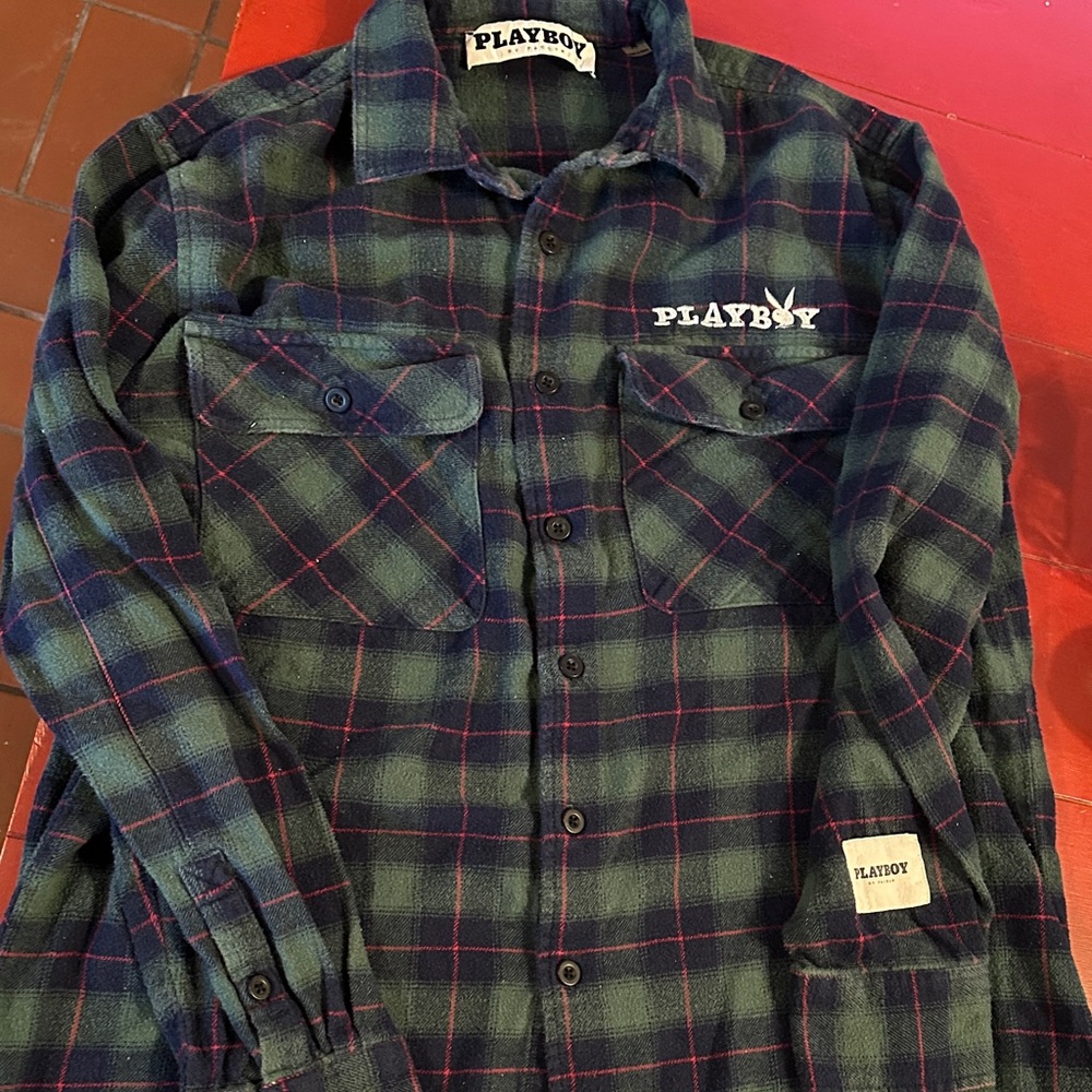PLAYBOY Men's Dark Green and Black Plaid Shirt medium flannel